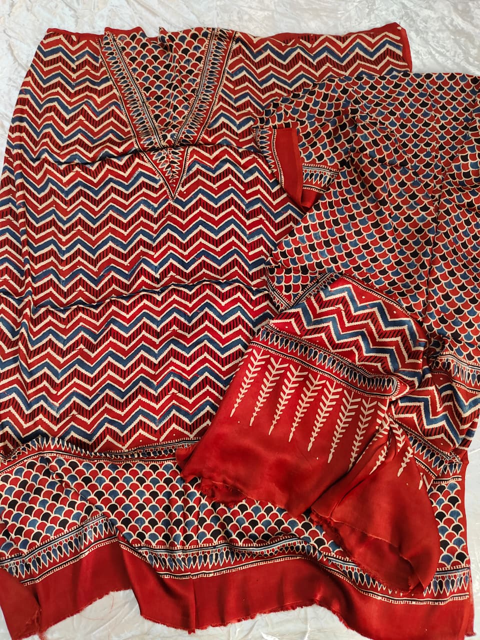 Red Shade ZigZag Motif Modal Silk Ajrakh Hand Block 2 pc Suit with Modal Silk Dupatta