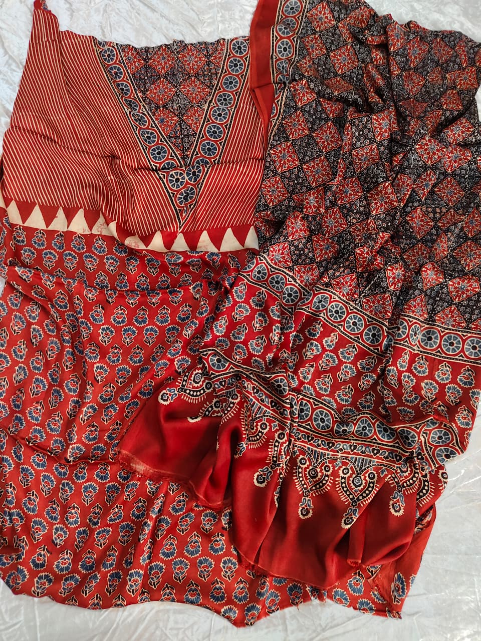 Red Classic Floral Motif Modal Silk Hand Block Print 2pc Suit Material with Modal Silk Dupatta
