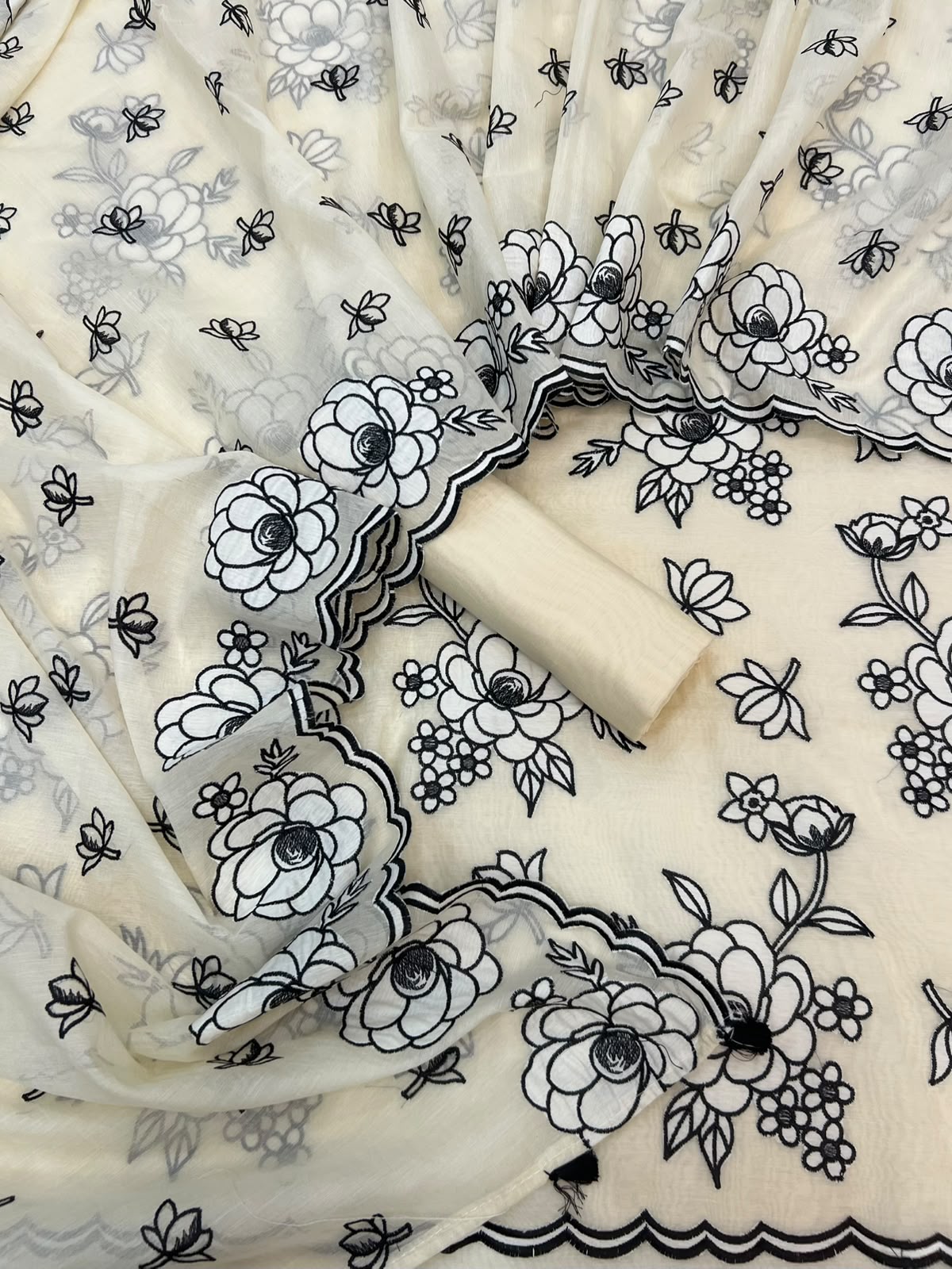 Chinese Rose Pure Mul Chanderi Applique CutWork Black Thread Embroidery (Dyeable)-3Pc
