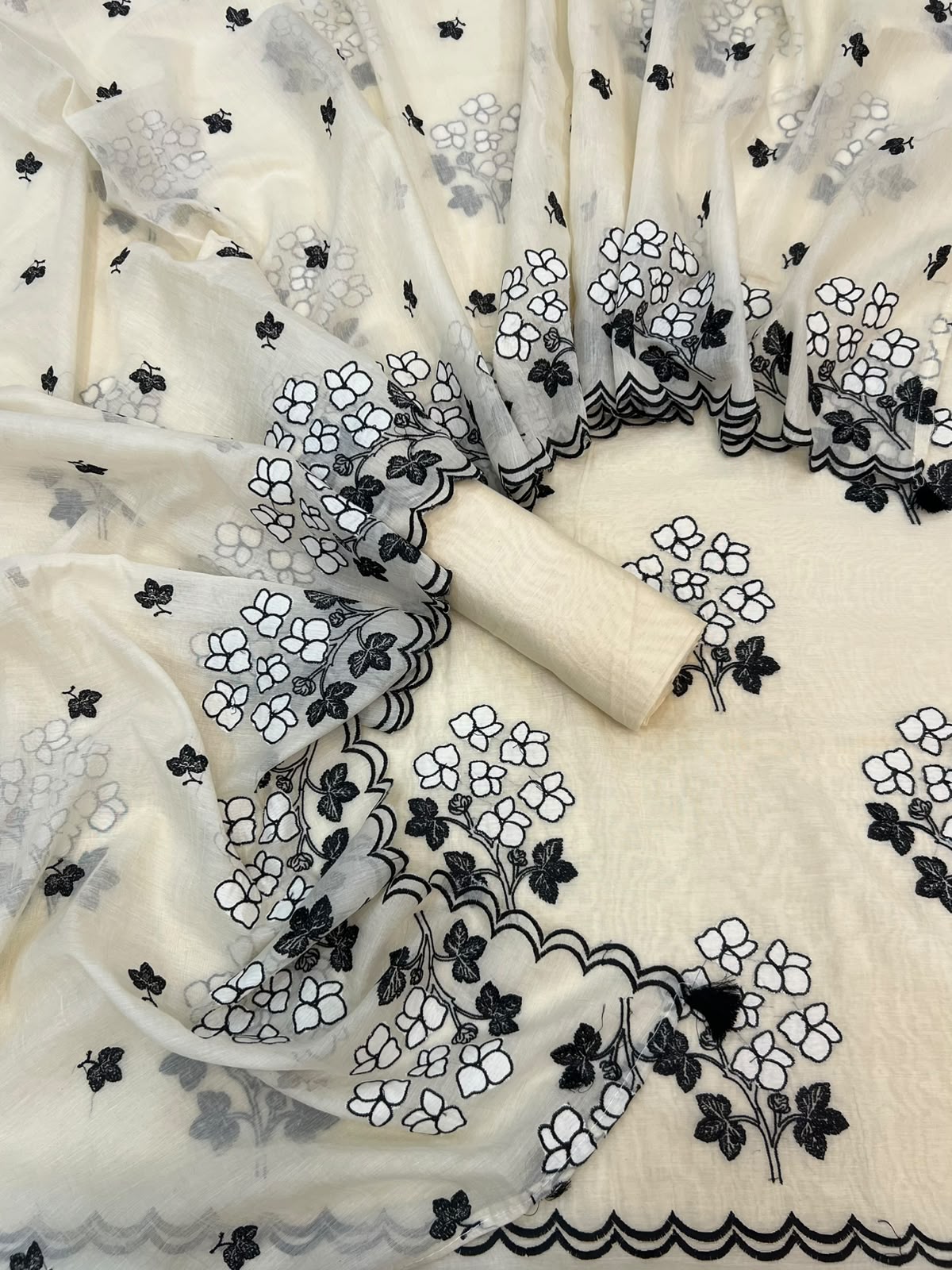 Cluster Flower Pure Mul Chanderi Applique CutWork Black Thread Embroidery (Dyeable)-3Pc