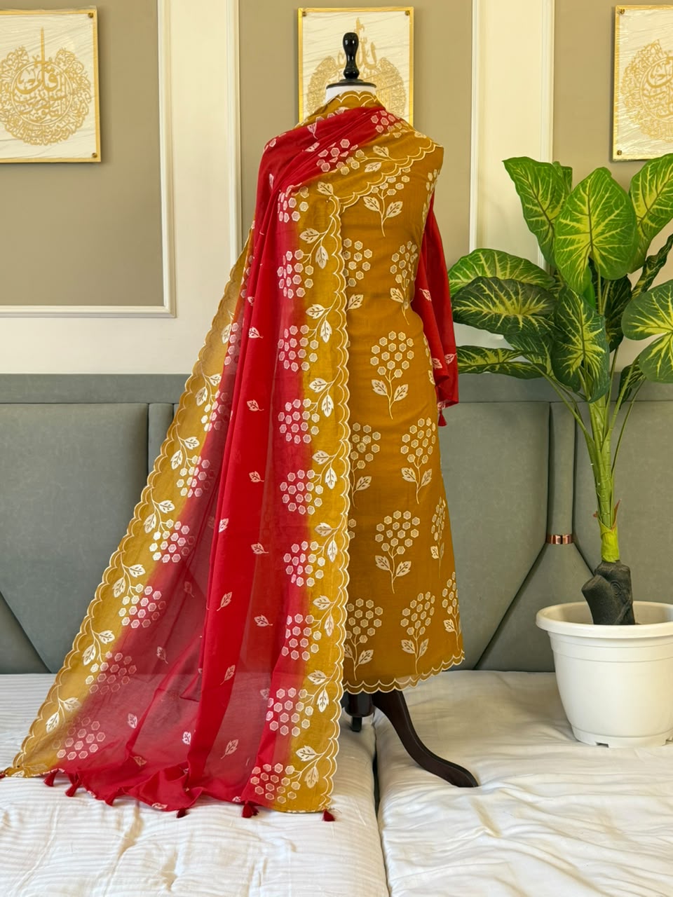 Mustard & Red Dual Shade Mul Chanderi Thread Embroidered Kurta Dupatta with Matching Bottom