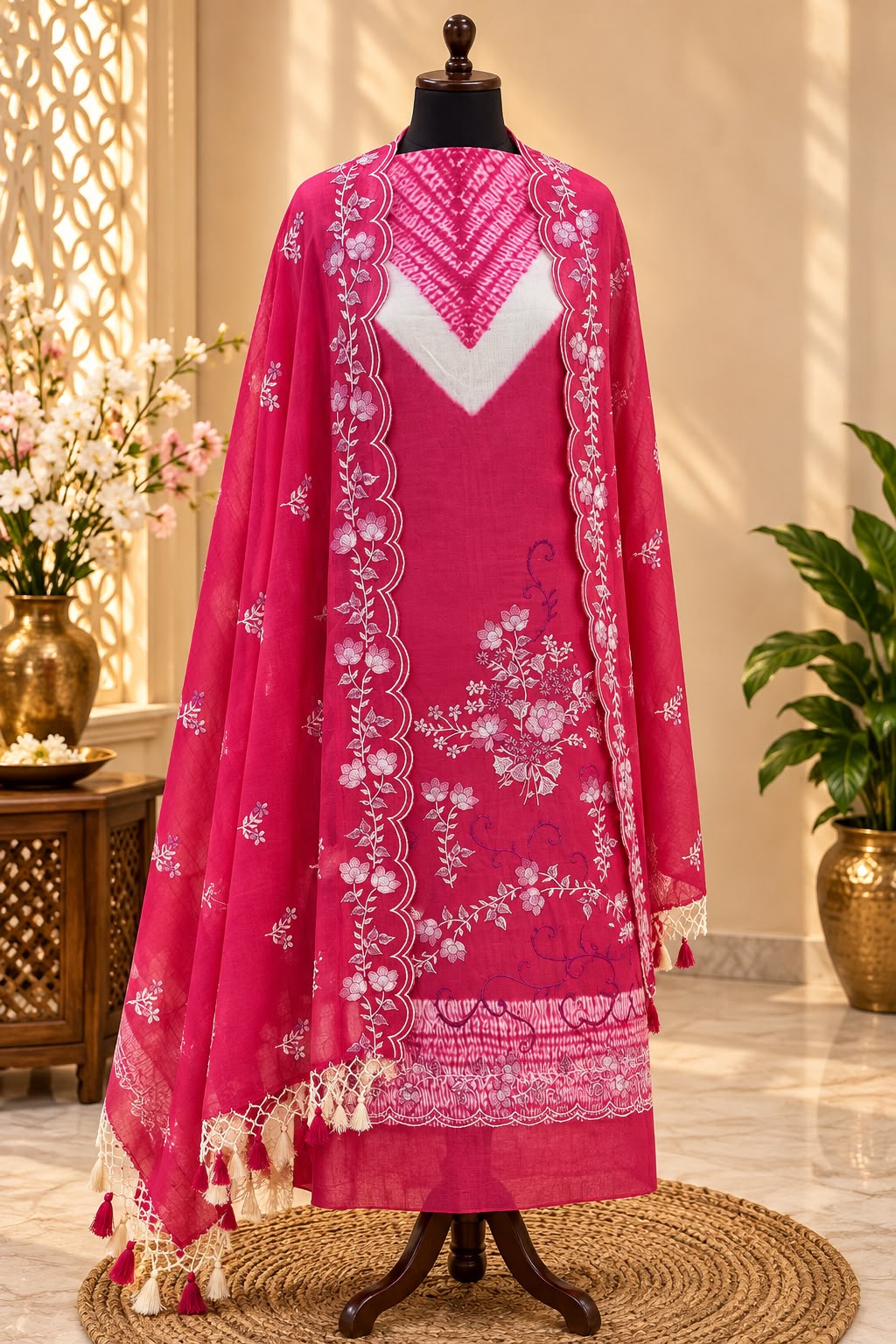 Pink Shade Pure Mul Chanderi Thread Embroidered Suit Set with Shibori Pattern-3Pc