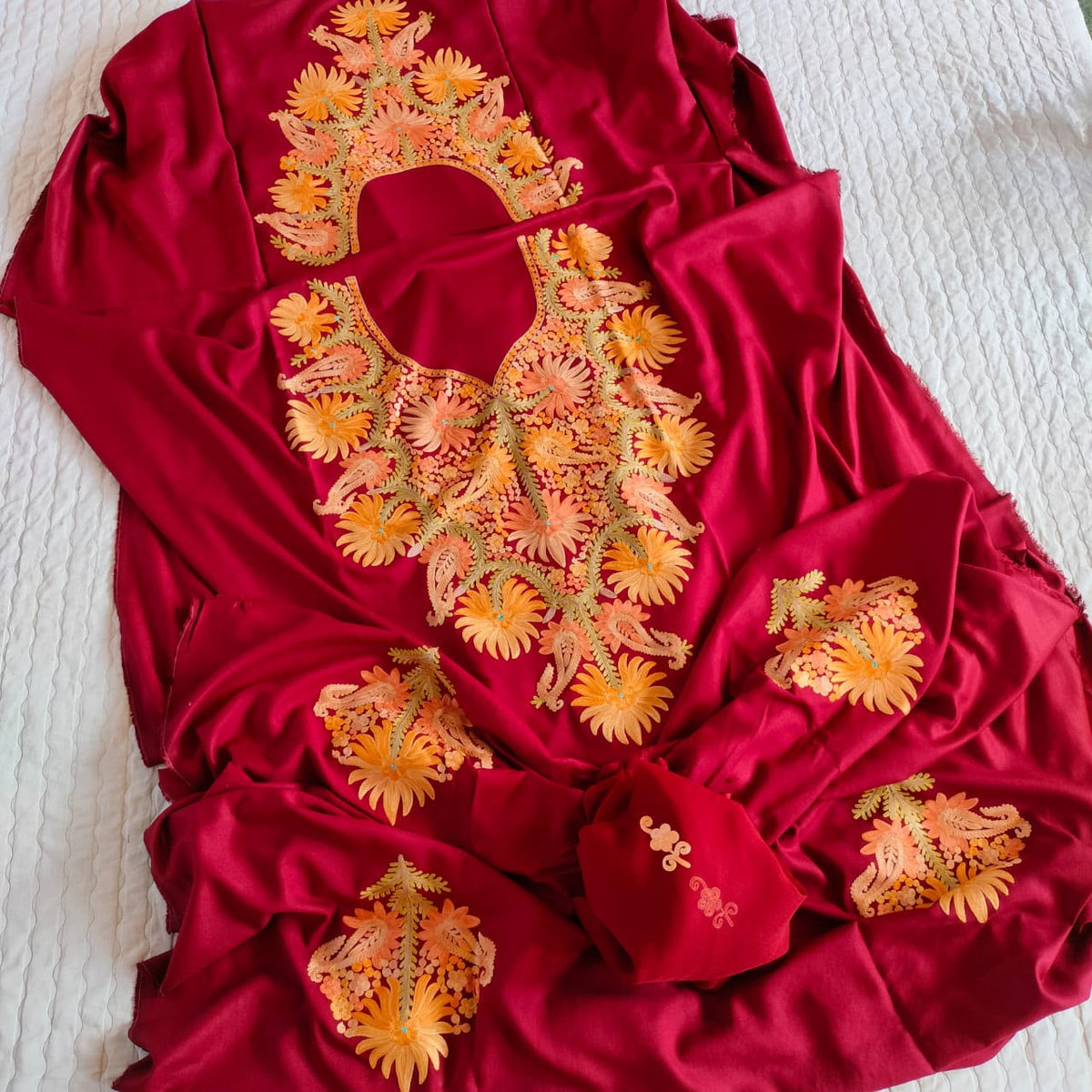 Maroon Shade Pure Rayon Kashmiri Aari Embroidered Suit Set - 3 Pc