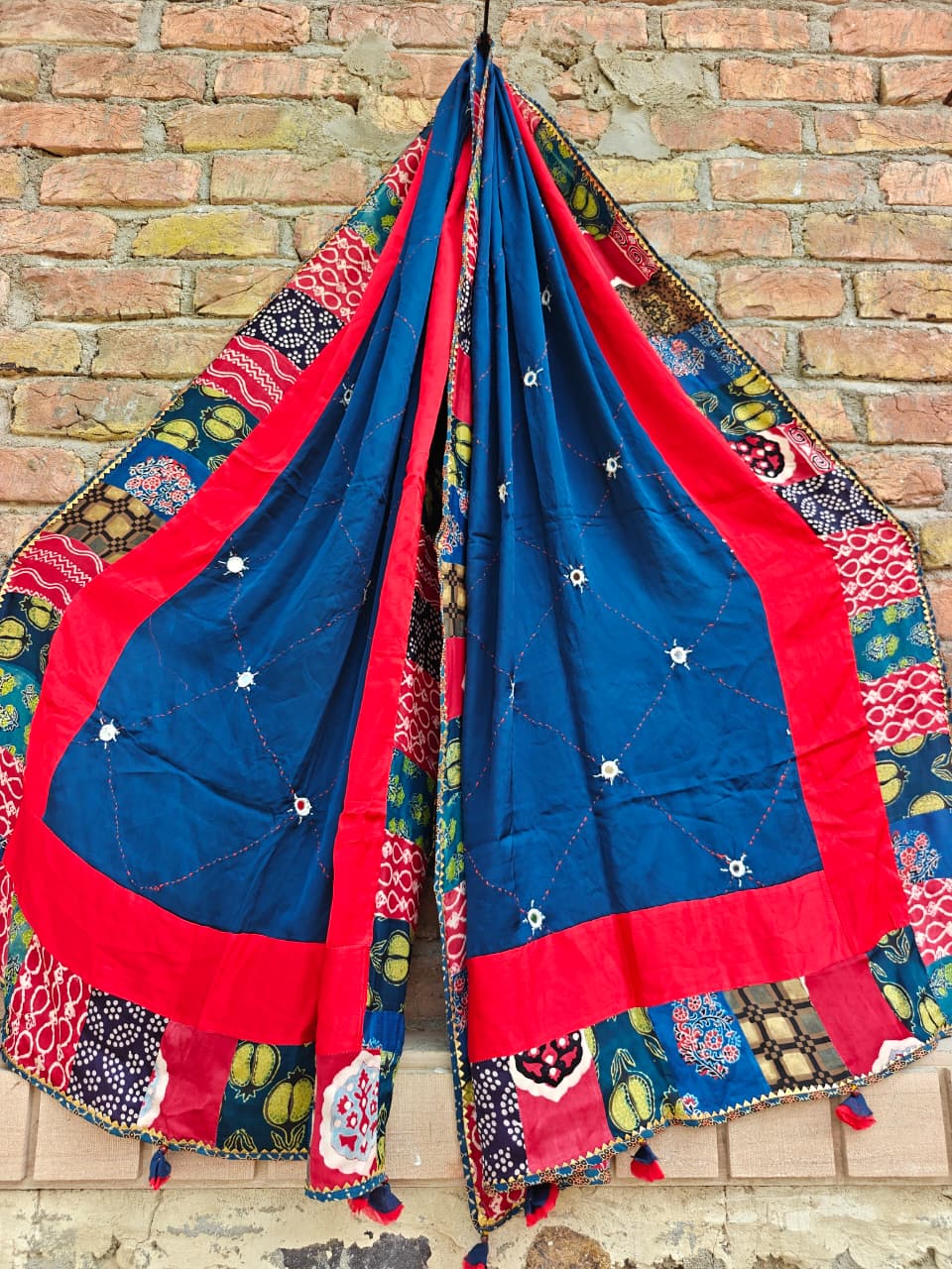 Blue Shade Multicolour Pure Modal Silk Applique Cut & Mirror Work Dupatta