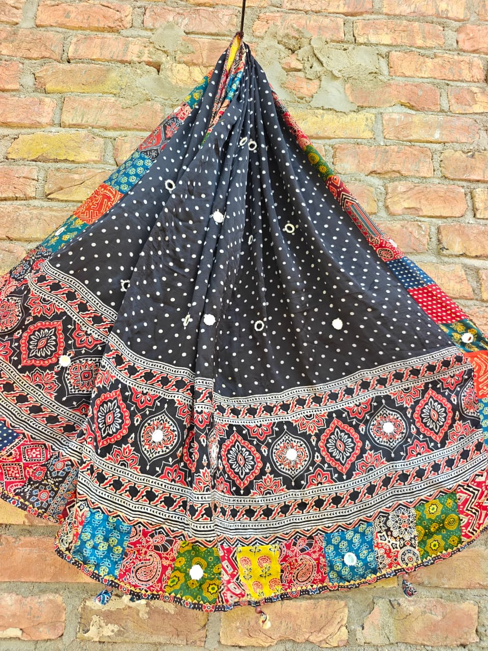 Black Bandhej Print Ajrakh Applique Patchwork Modal Silk Dupatta with Mirror Work & Tassels