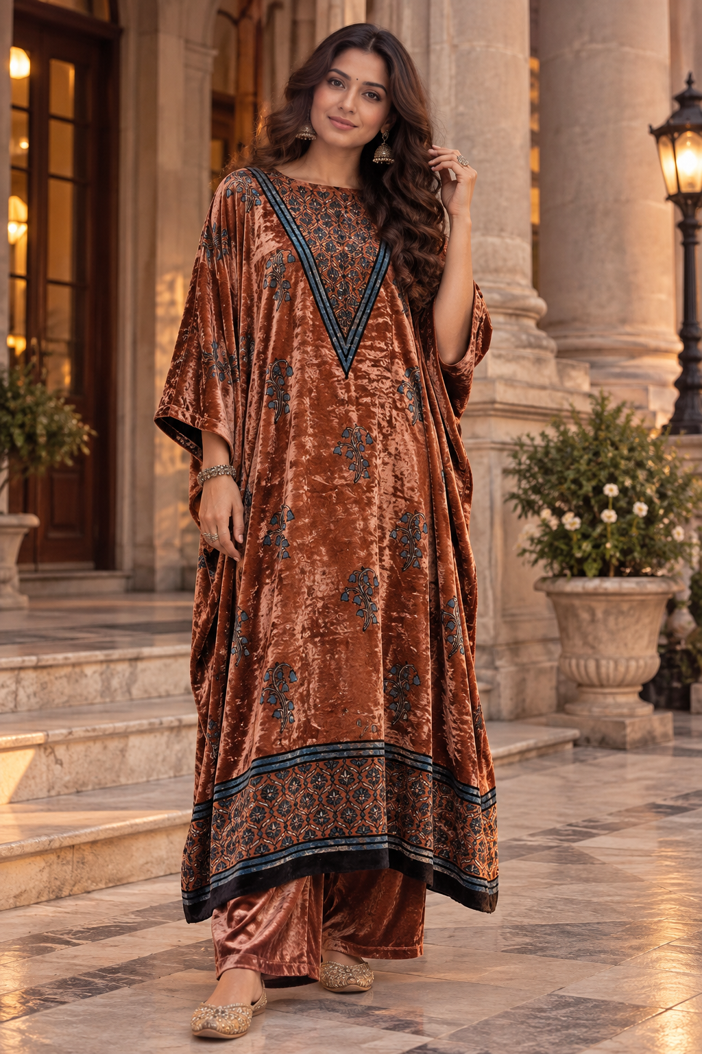 Blue Black Polka Dot Ajrakh Hand Block Velvet Unstitched Fabric (Kurta Only)