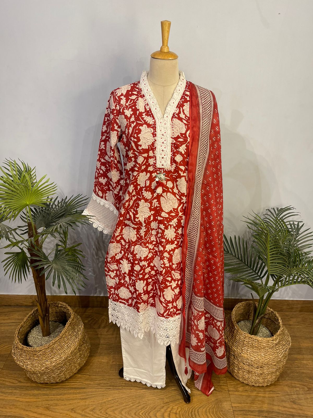 Red Handblock Print Pakistani Style Suit Set with Cotton Dupatta