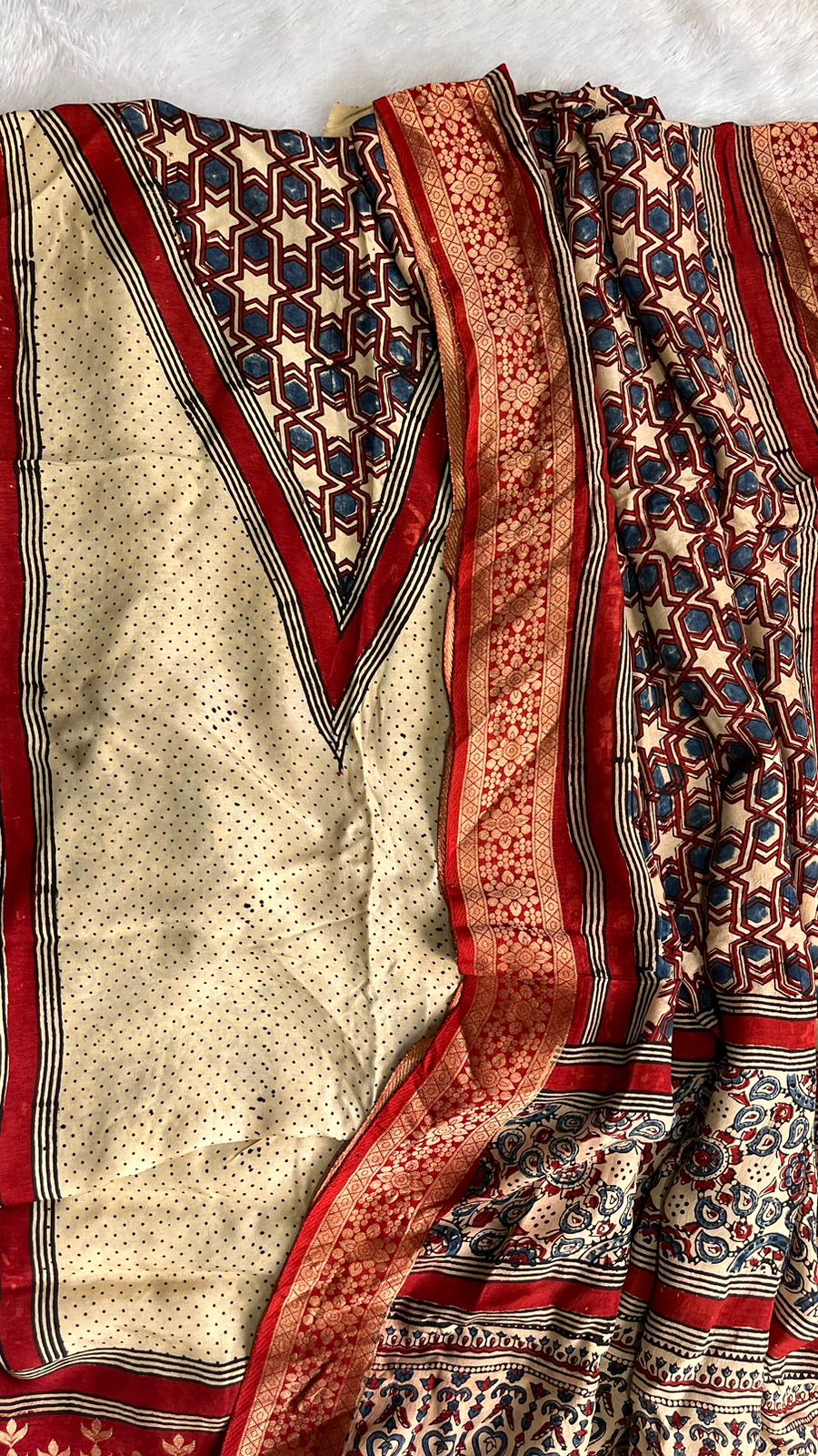 Off White Dola Silk Ajrakh Hand Block Print 2pc Suit Material Set with Nakkashi Dupatta