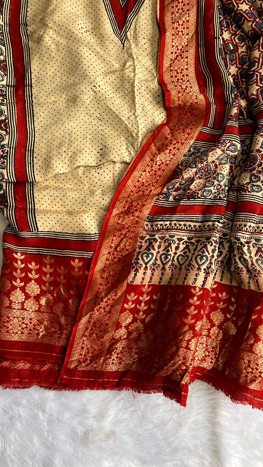 Off White Dola Silk Ajrakh Hand Block Print 2pc Suit Material Set with Nakkashi Dupatta