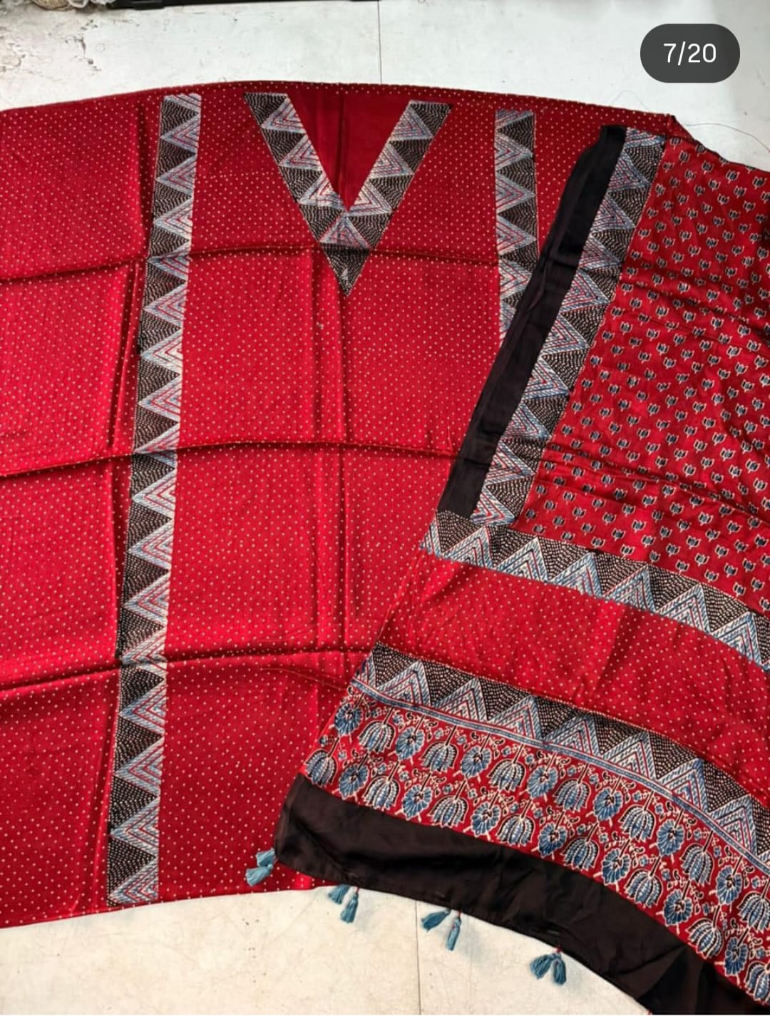 Sinduri Red Dotted Modal Silk 2 pc Suit Set with Kamal Boota Ajrakh Hand Blocked- Modal Silk Dupatta