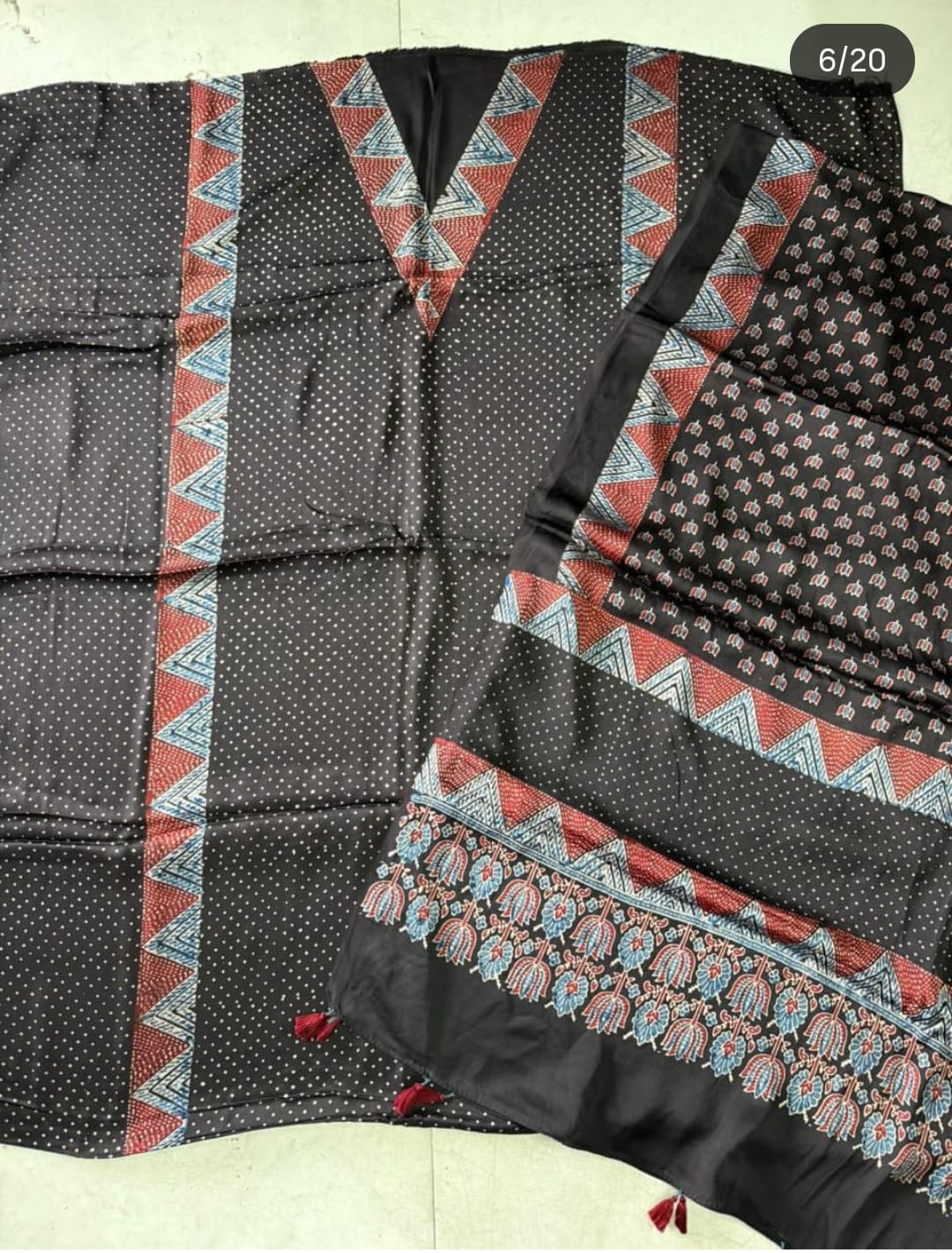 Majestic Black Dotted Modal Silk 2 pc Suit Set with Kamal Boota Ajrakh Hand Blocked- Modal Silk Dupatta