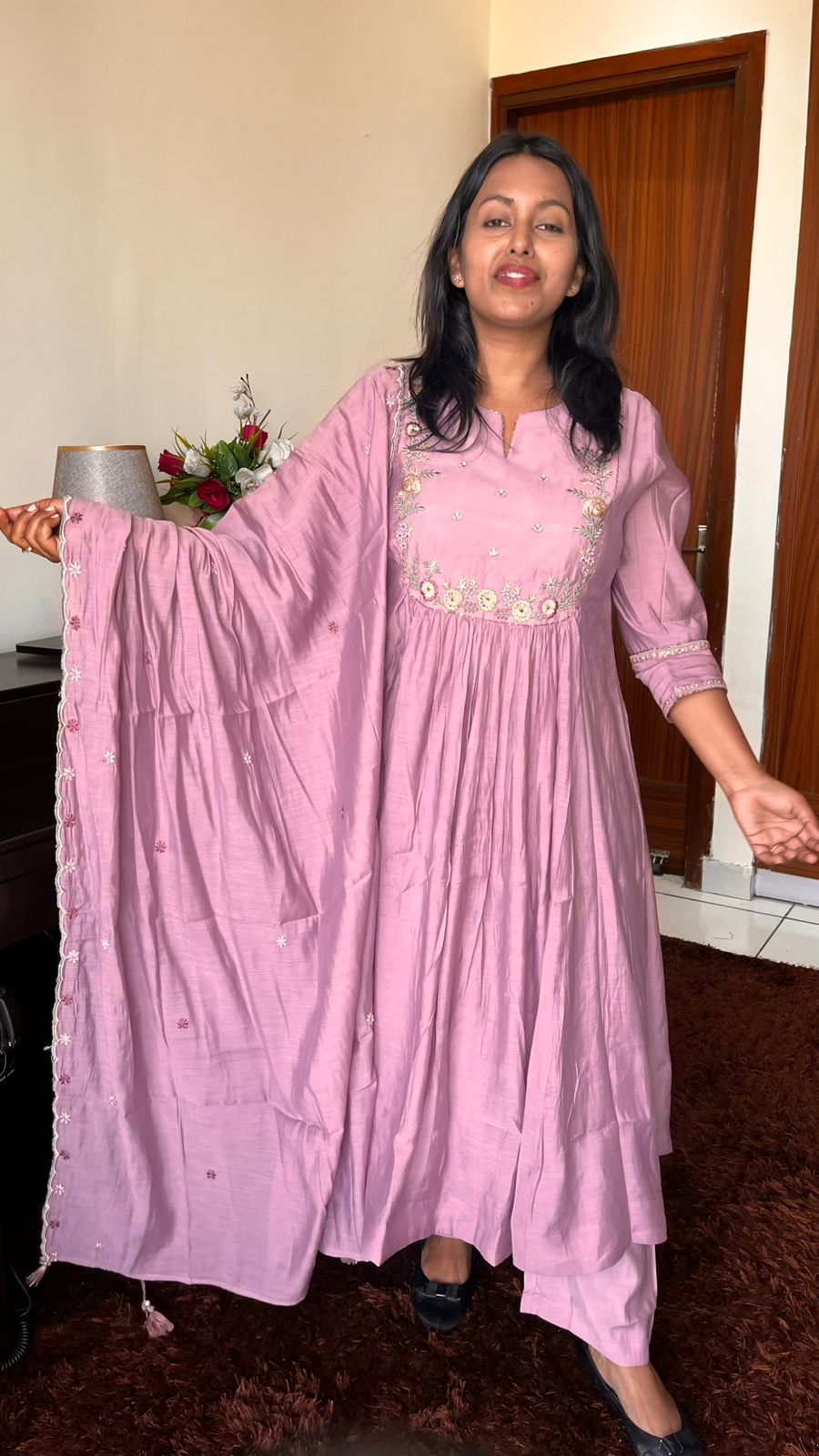 Pyaazi Pink Mul Chanderi Suit Set with Inner Lining and Embroidered Yoke