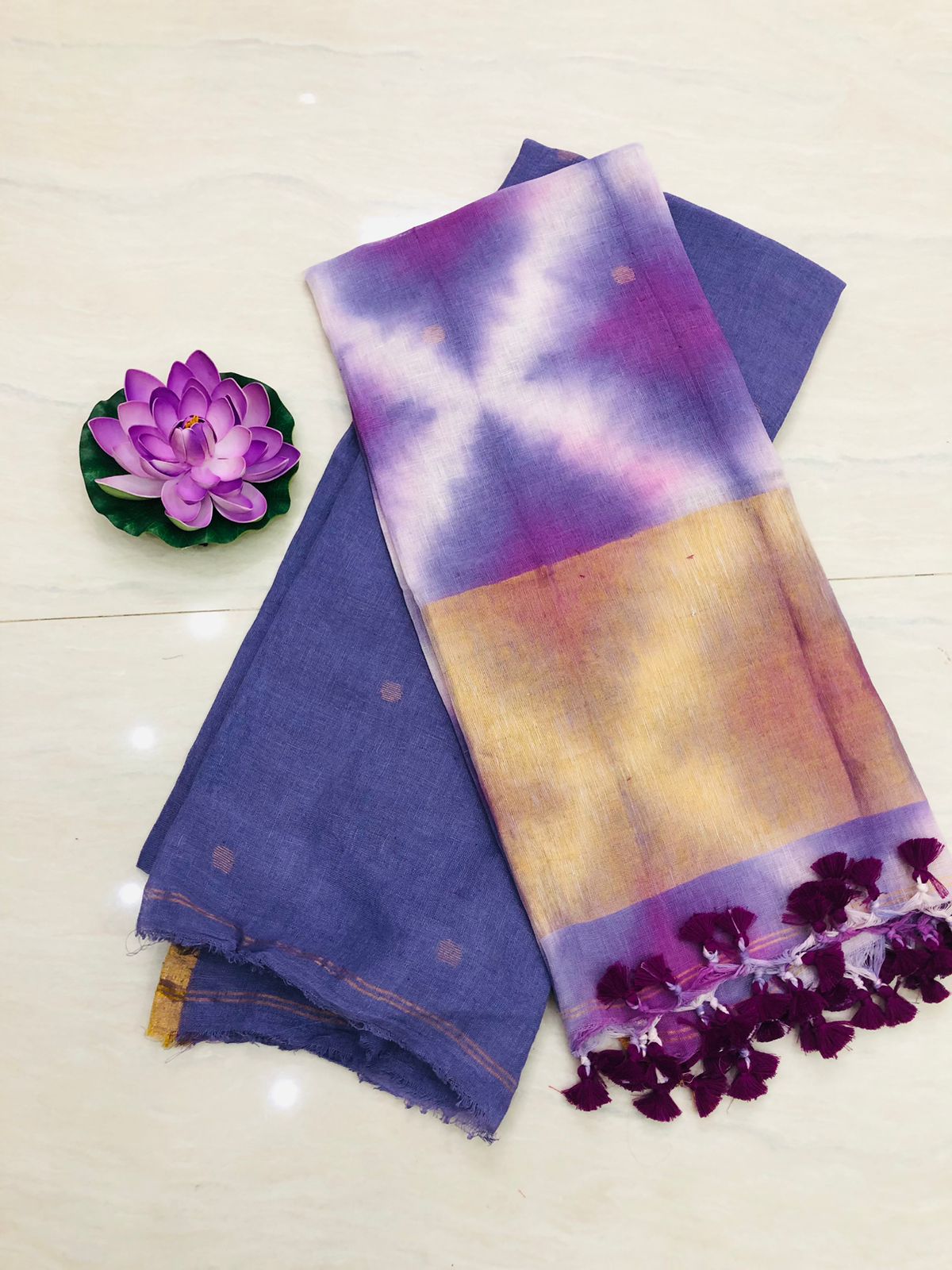 Majestic Blue Pure Jayshree Linen 2 Piece Suit with Blue- Purple Clamp Tye-Dye Dupatta