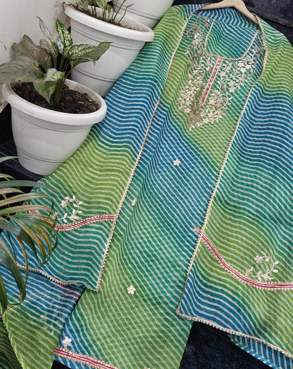 Aqua Blue Green Lehariya Kota-Doria 3 Piece Suit Set with Gota Patti work and Kota Doria Dupatta