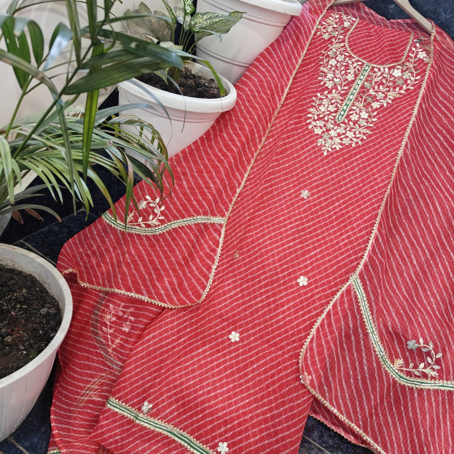 Red Lehariya Kota-Doria 3 Piece Suit Set with Gota Patti work and Kota Doria Dupatta