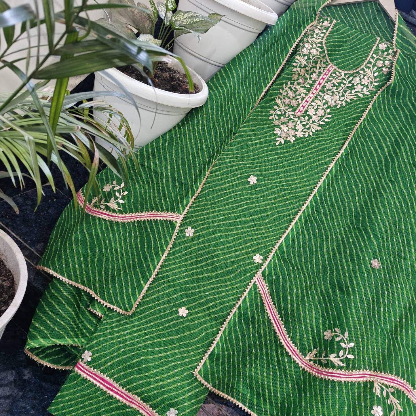 Green Lehariya Kota-Doria 3 Piece Suit Set with Gota Patti work and Kota Doria Dupatta