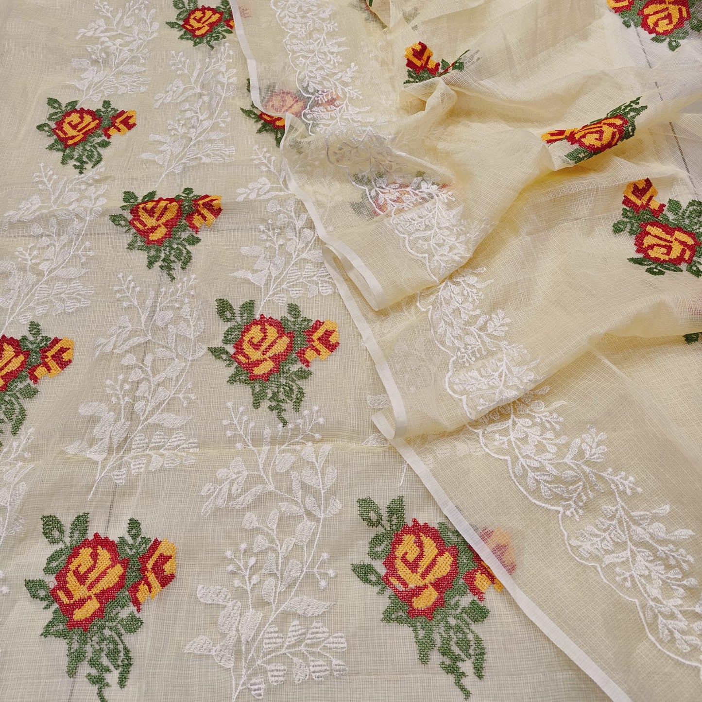 Peach Fuzz Kota-Doria 3 Piece Suit Set with Cross Stitch Embroidery and Kota Doria Dupatta