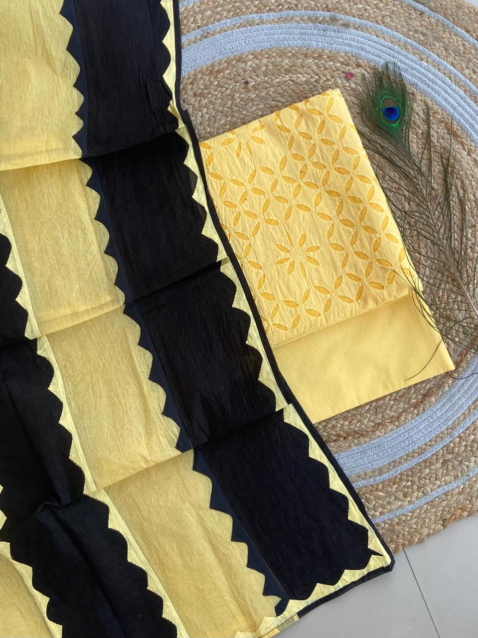 Yellow and Black Barmer Applique Cut Work Cotton 3pc Suit with MultiColor Dupatta