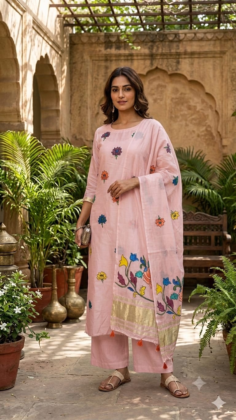 Rose Pink Lotus Motif Hand Painted 2 Piece Suit Material with Modal Silk Lagdi Patti Dupatta