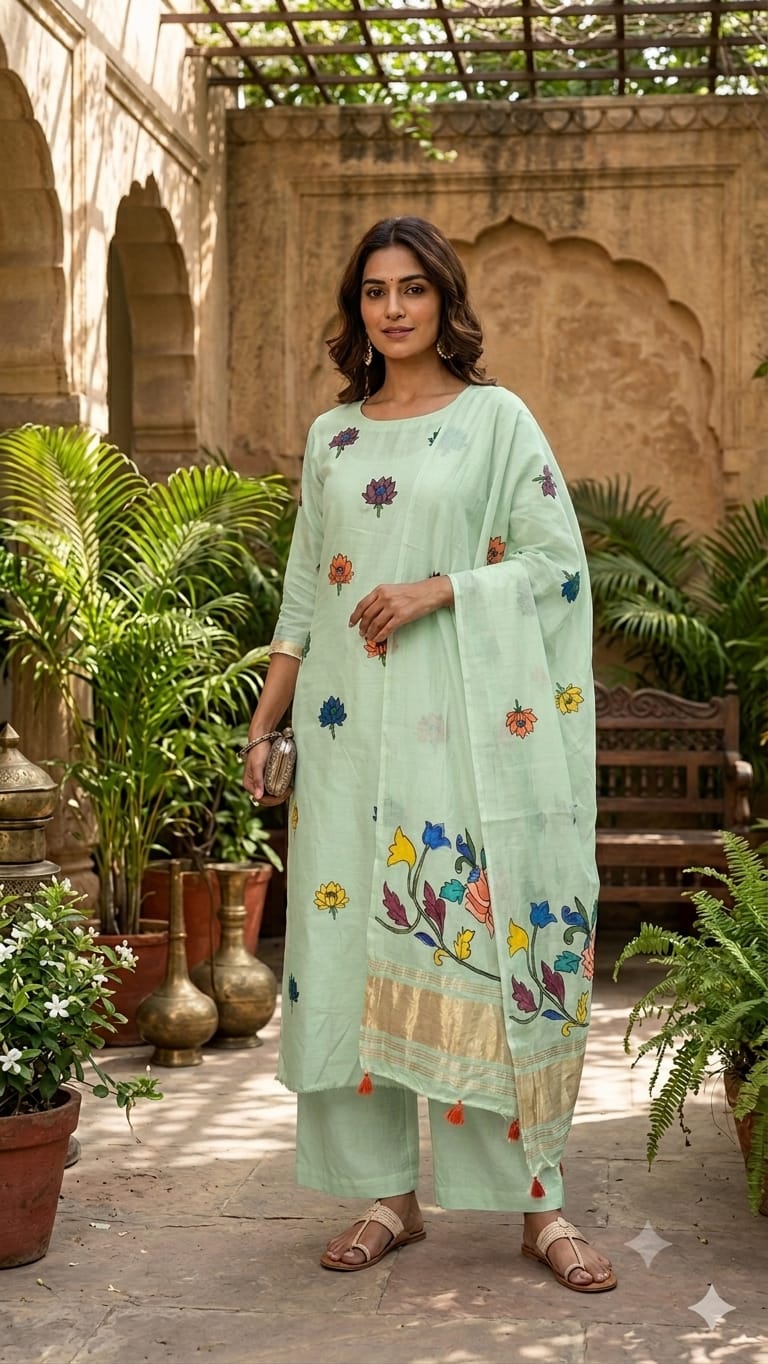 Pista Green Lotus Motif Hand Painted 2 Piece Suit Material with Modal Silk Lagdi Patti Dupatta