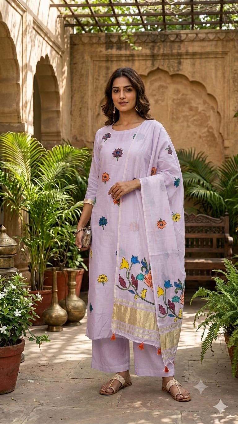 Pink Lavender Lotus Motif Hand Painted 2 Piece Suit Material with Modal Silk Lagdi Patti Dupatta