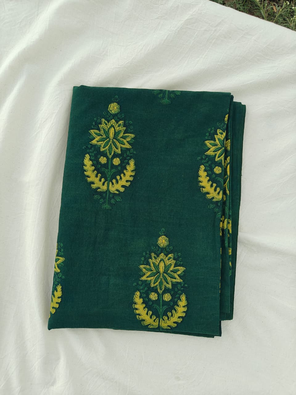 Akola Dabu Phool Patti Motif Hand Block Natural Dyed Pure Cotton Fabric Green