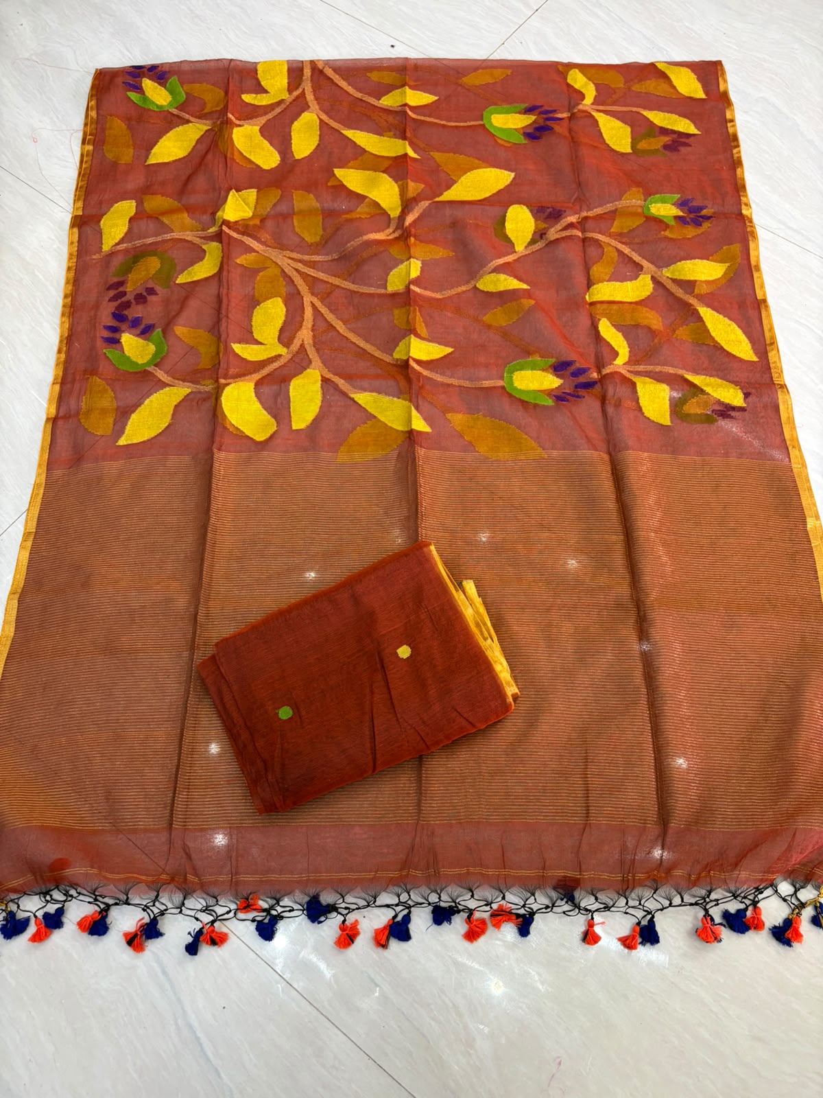 Rust Orange Shade Pure Handloom Resham Muslin 2 pc Set