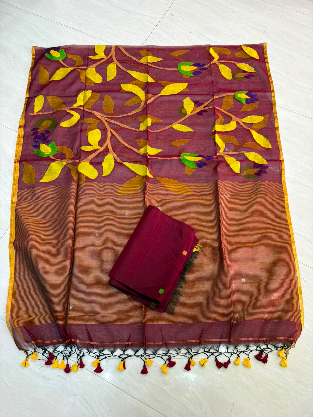 Burgandy Red Shade Pure Handloom Resham Muslin 2 pc Set