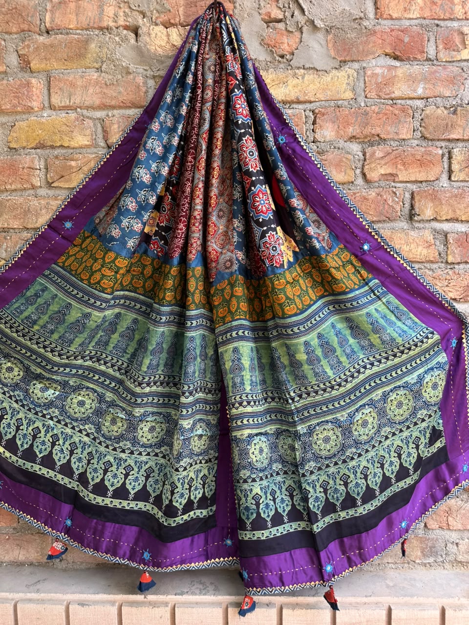 Purple Base Multicolour Pure Modal Silk Applique Cut & Mirror Work Dupatta