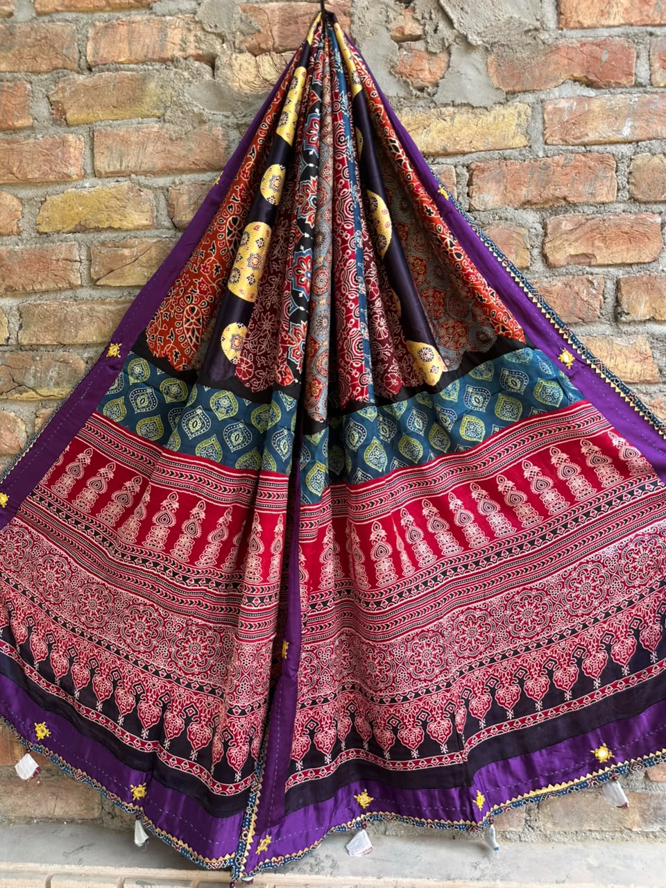 Purple Base Multicolour Pure Modal Silk Applique Cut & Mirror Work Dupatta