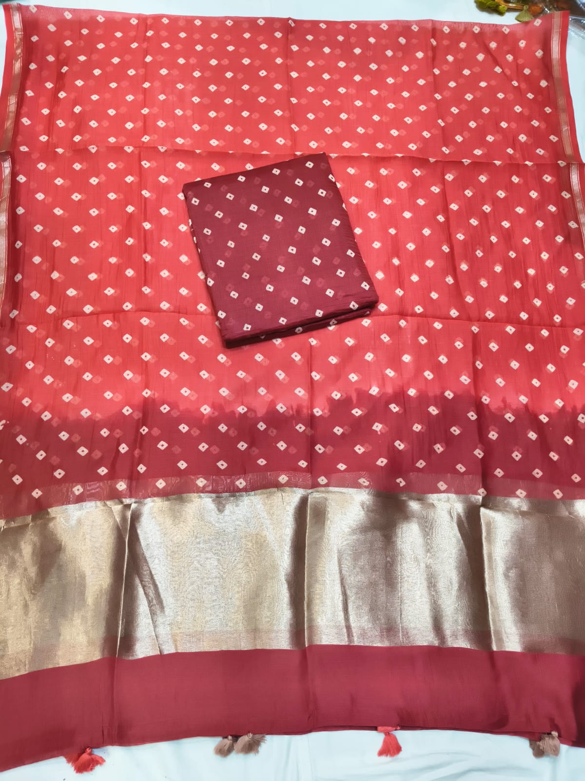 Maroon Shade Mul Chanderi Bandhej Kurta Dupatta with Matching Bottom