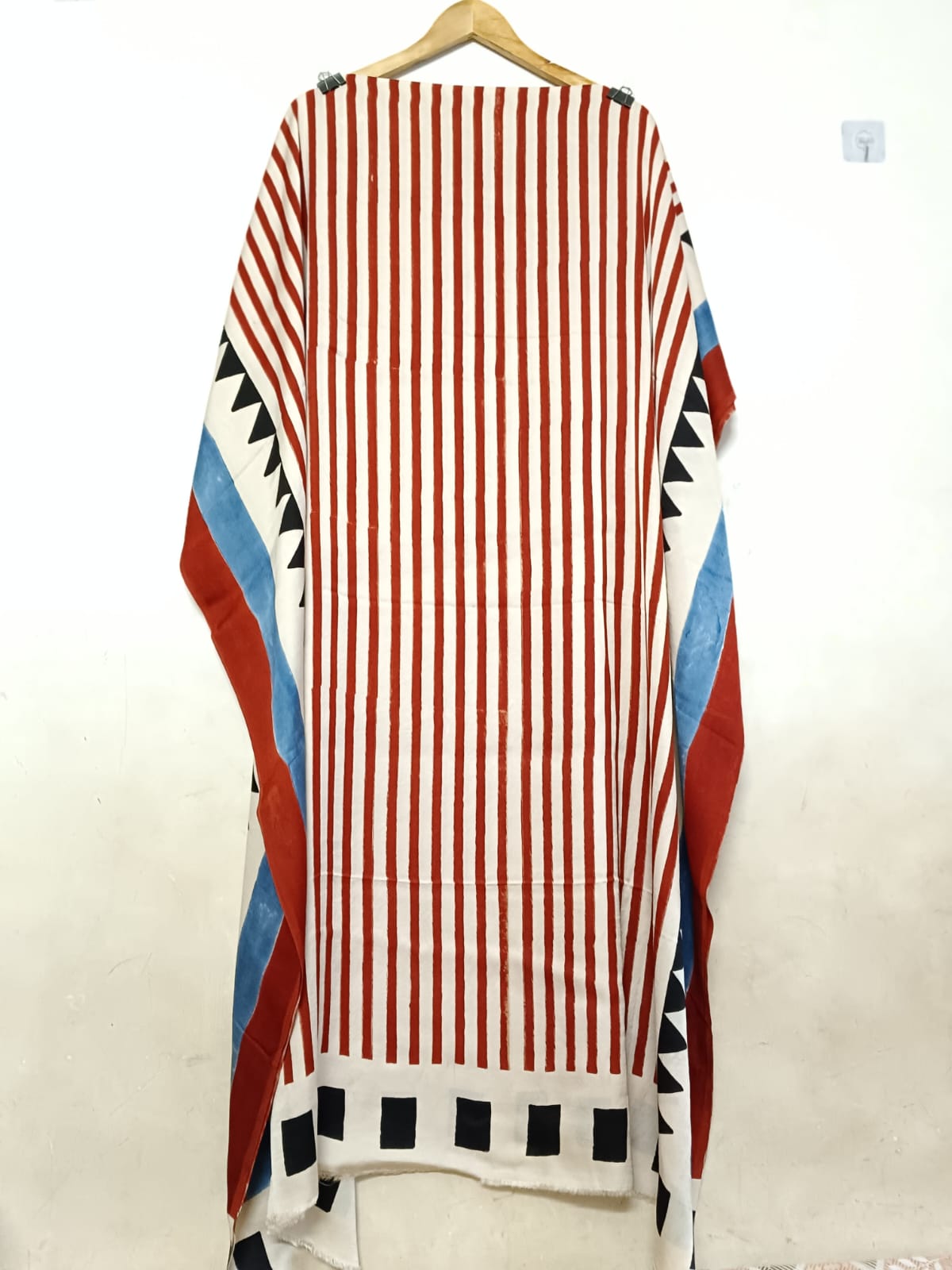 White and Red Stripes Motif Modal Silk Ajrakh Hand Block Print Designer Unstitched Fabric (Kurta Only)