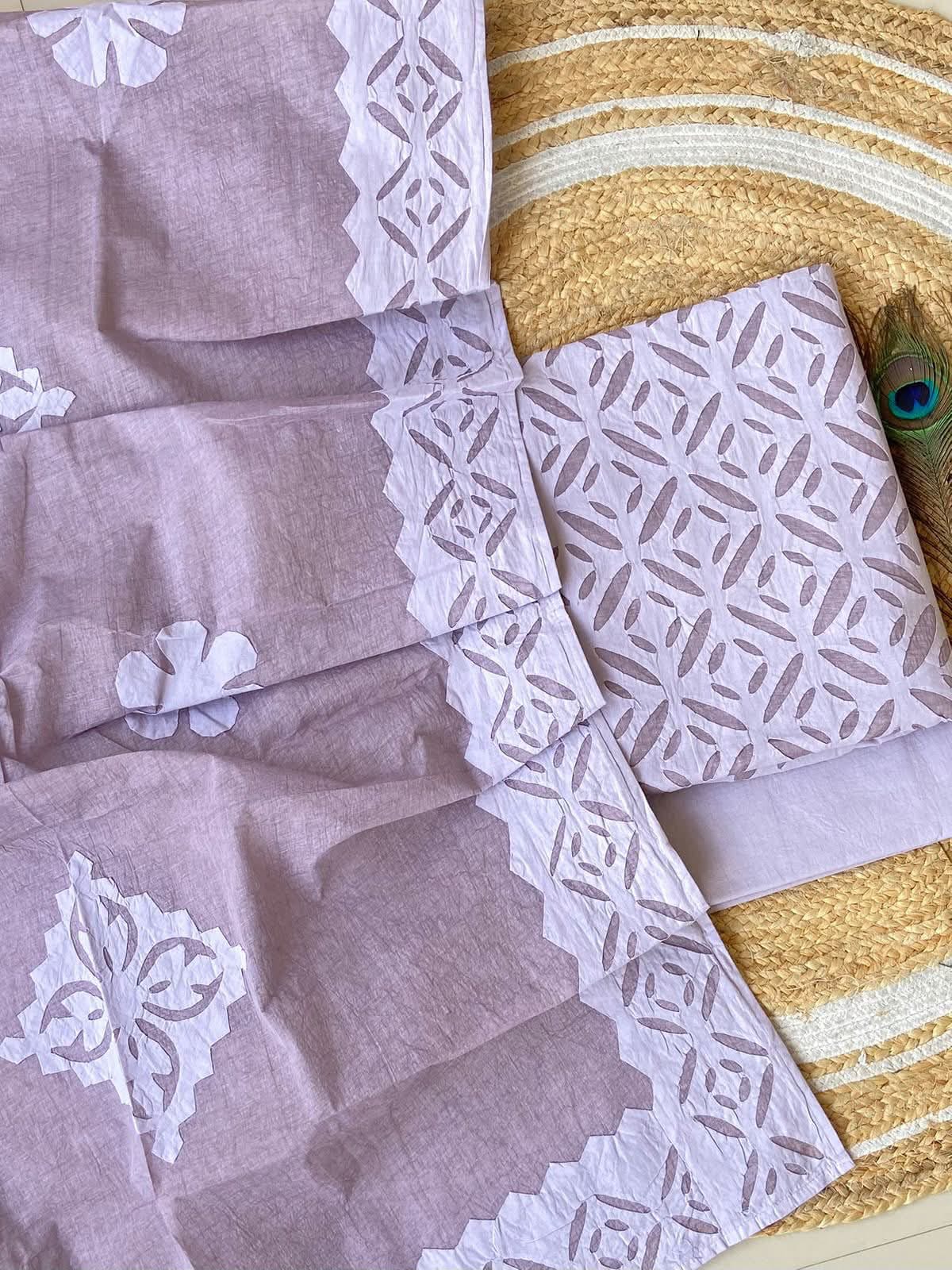 English Blue Grey Shade Barmer Applique Cut Work Cotton 3pc Suit Material Set