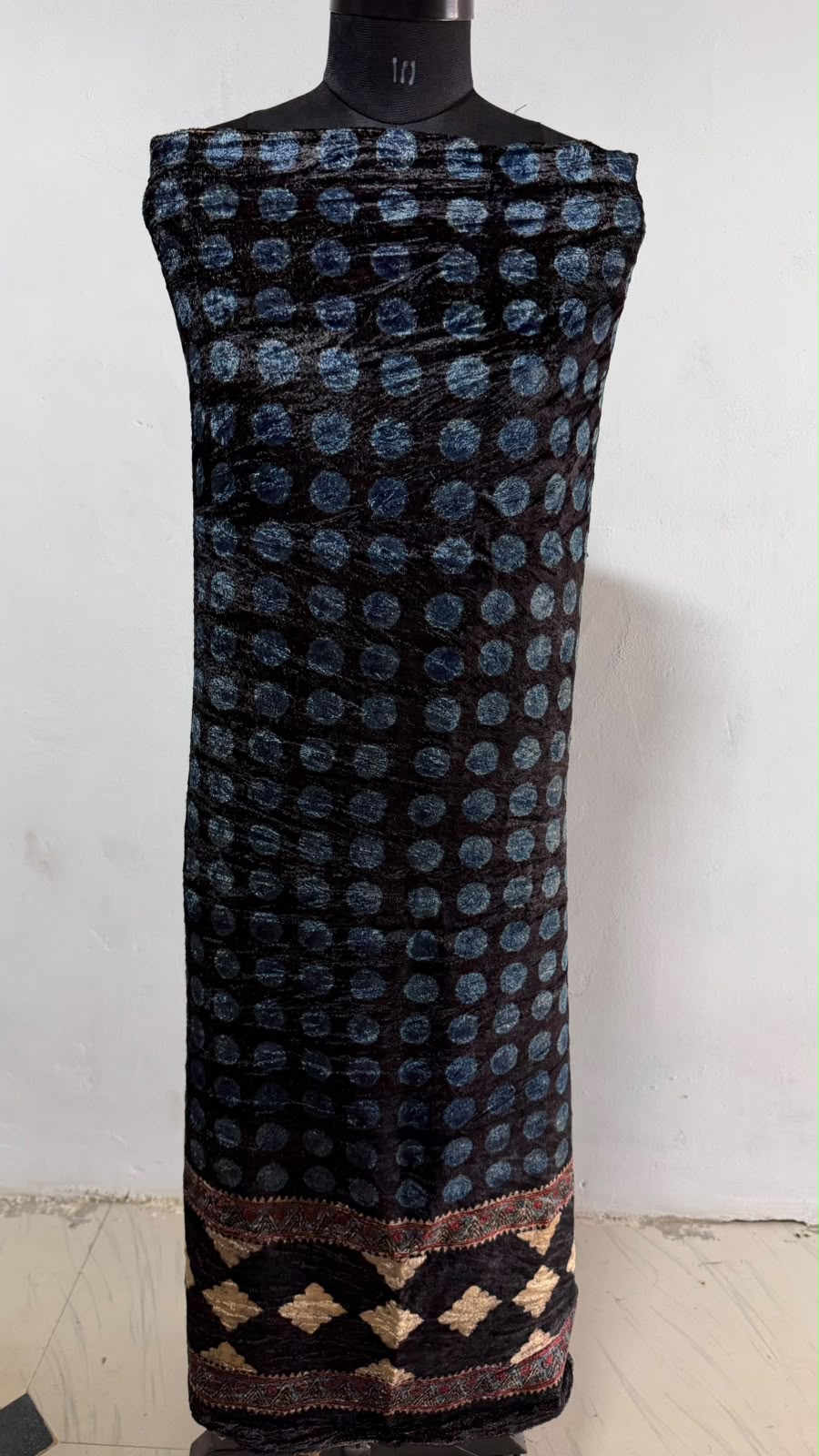 Blue Black Polka Dot Ajrakh Hand Block Velvet Unstitched Fabric (Kurta Only)