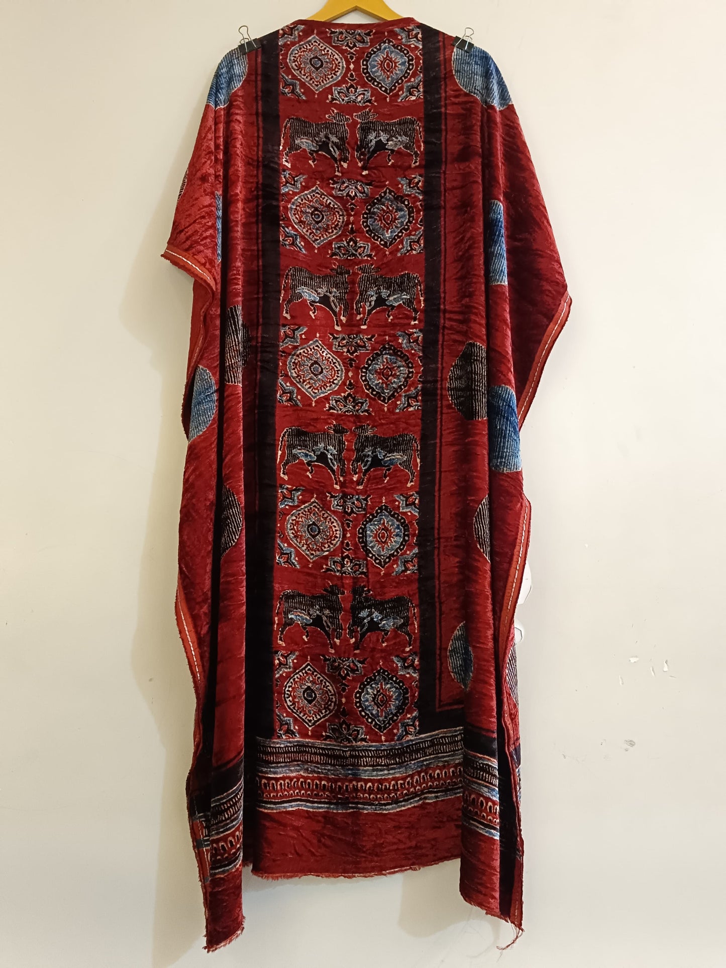 Black Kamdhenu Buta Velvet Fabric Ajrakh Hand Block Print Designer Unstitched Fabric (Kurta Only)