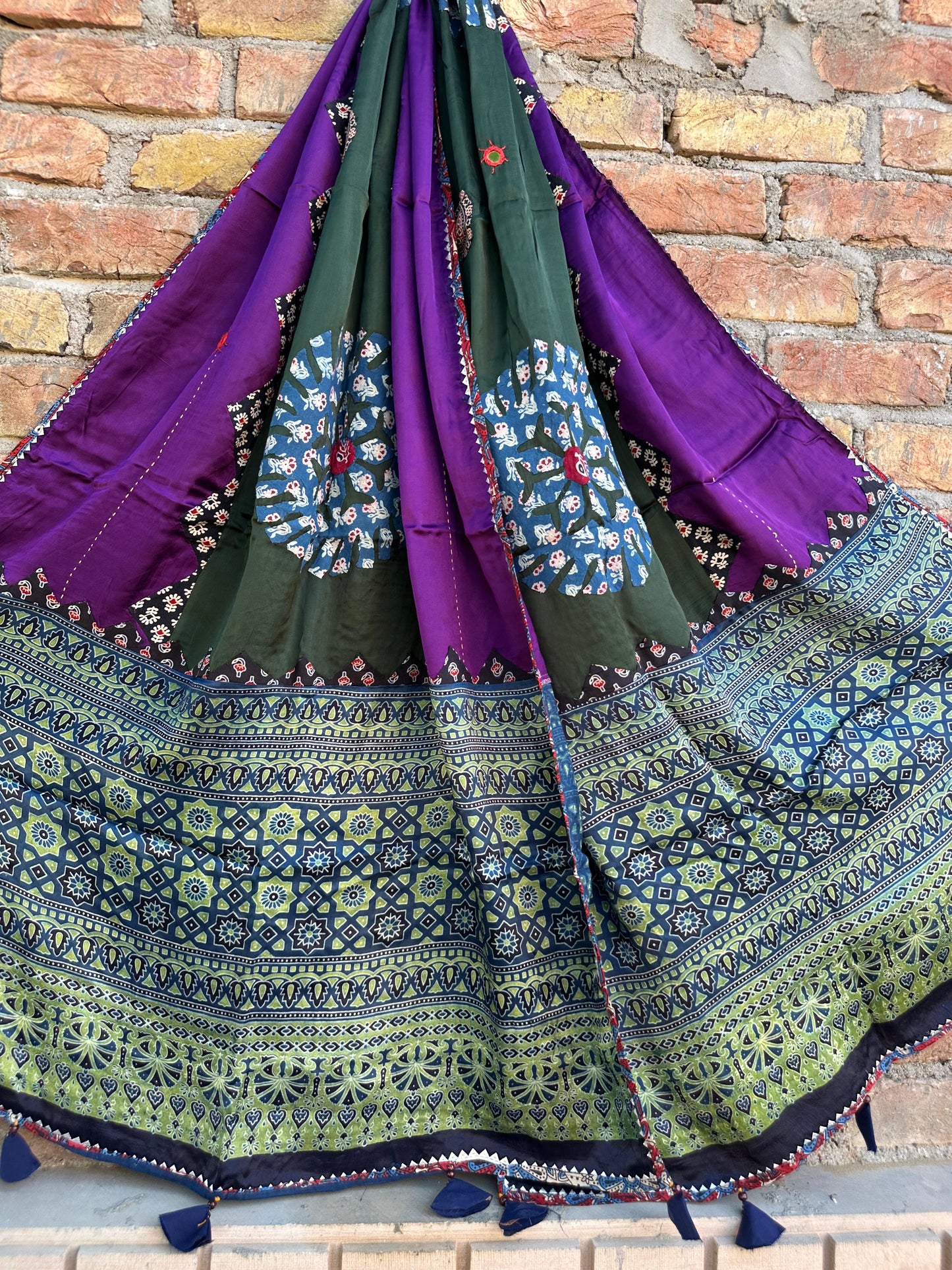 Purple and Green Ajrakh Applique Patchwork Modal Silk Dupatta