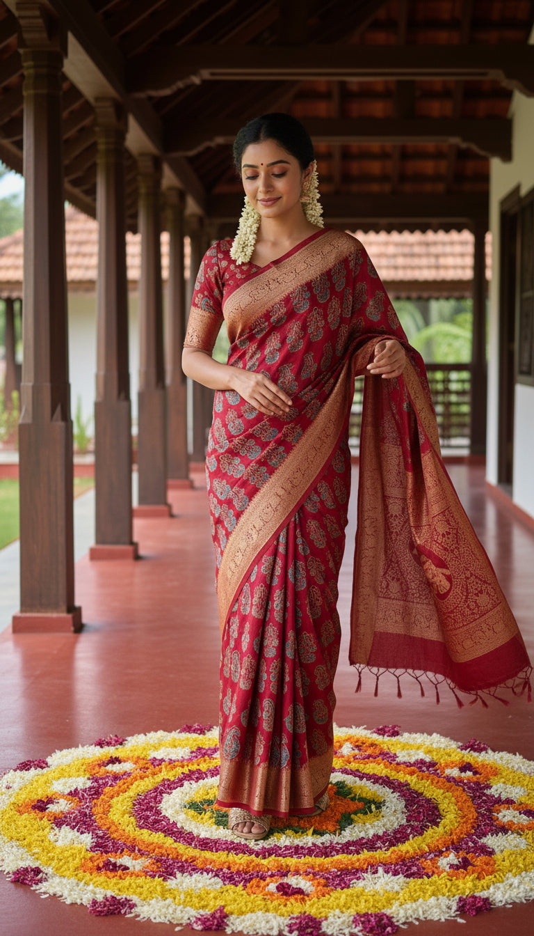 Red Asopallav Buta Motif Ajrakh Hand Block Dola Silk Saree with Zari Pallu (With Blouse)