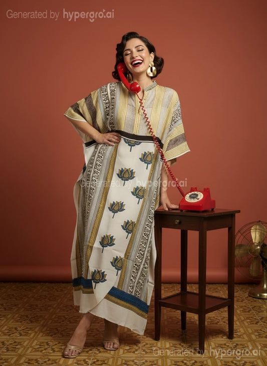 Mustard and Off White Dhaari Motif Modal Silk Ajrakh Hand Block Print Designer Unstitched Fabric (Kurta Only)