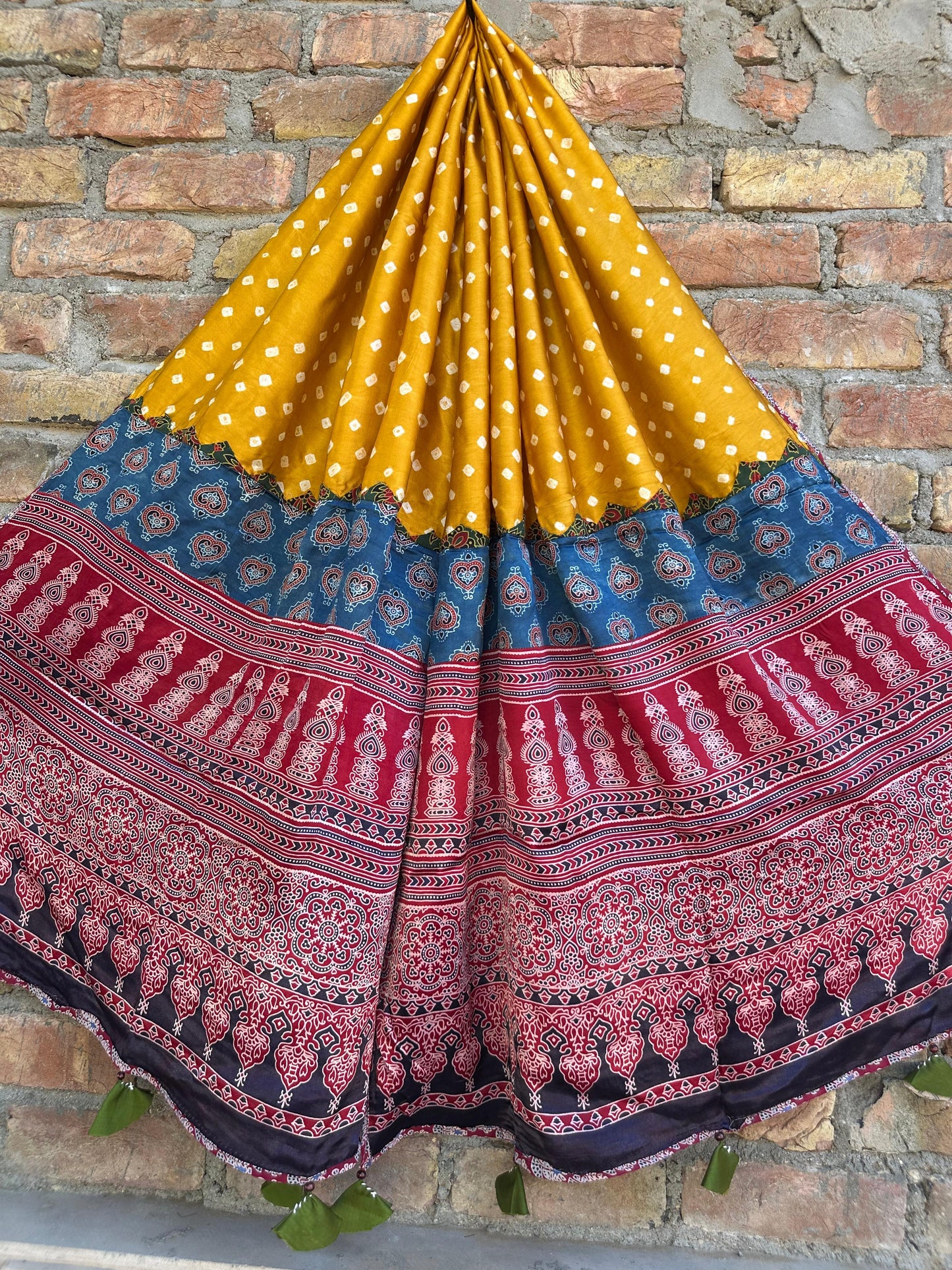 Mustard Bandhej Ajrakh Applique Patchwork Modal Silk Dupatta with Tassels