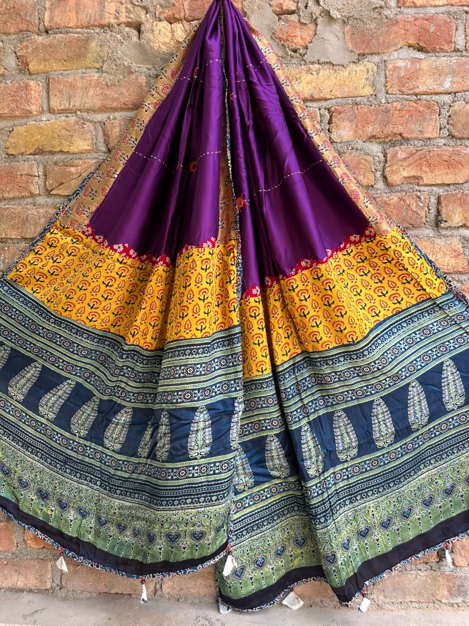 Purple Shade Ajrakh Patchwork Modal Silk Dupatta with Mirror Work