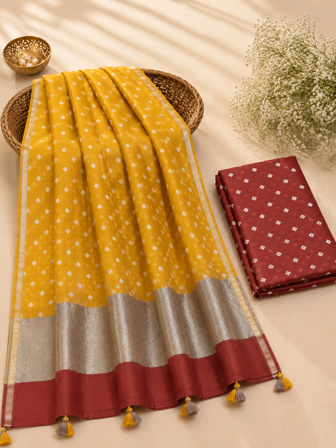 Red Shade Mul Chanderi Bandhej Kurta Dupatta with Matching Bottom