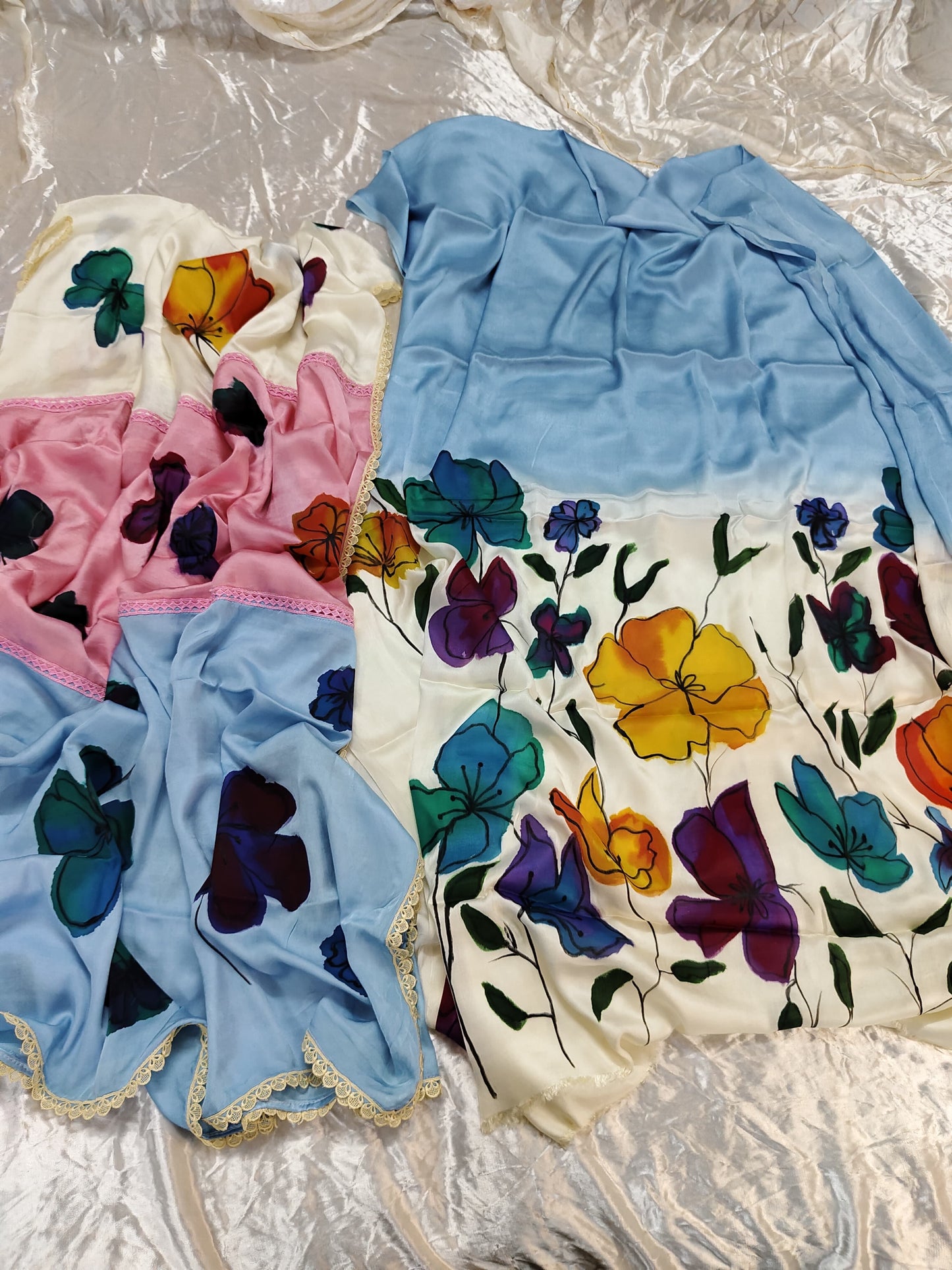 Ombre Shade Flower Motif Hand Painted 2 Piece Suit Material with Modal Silk Dupatta