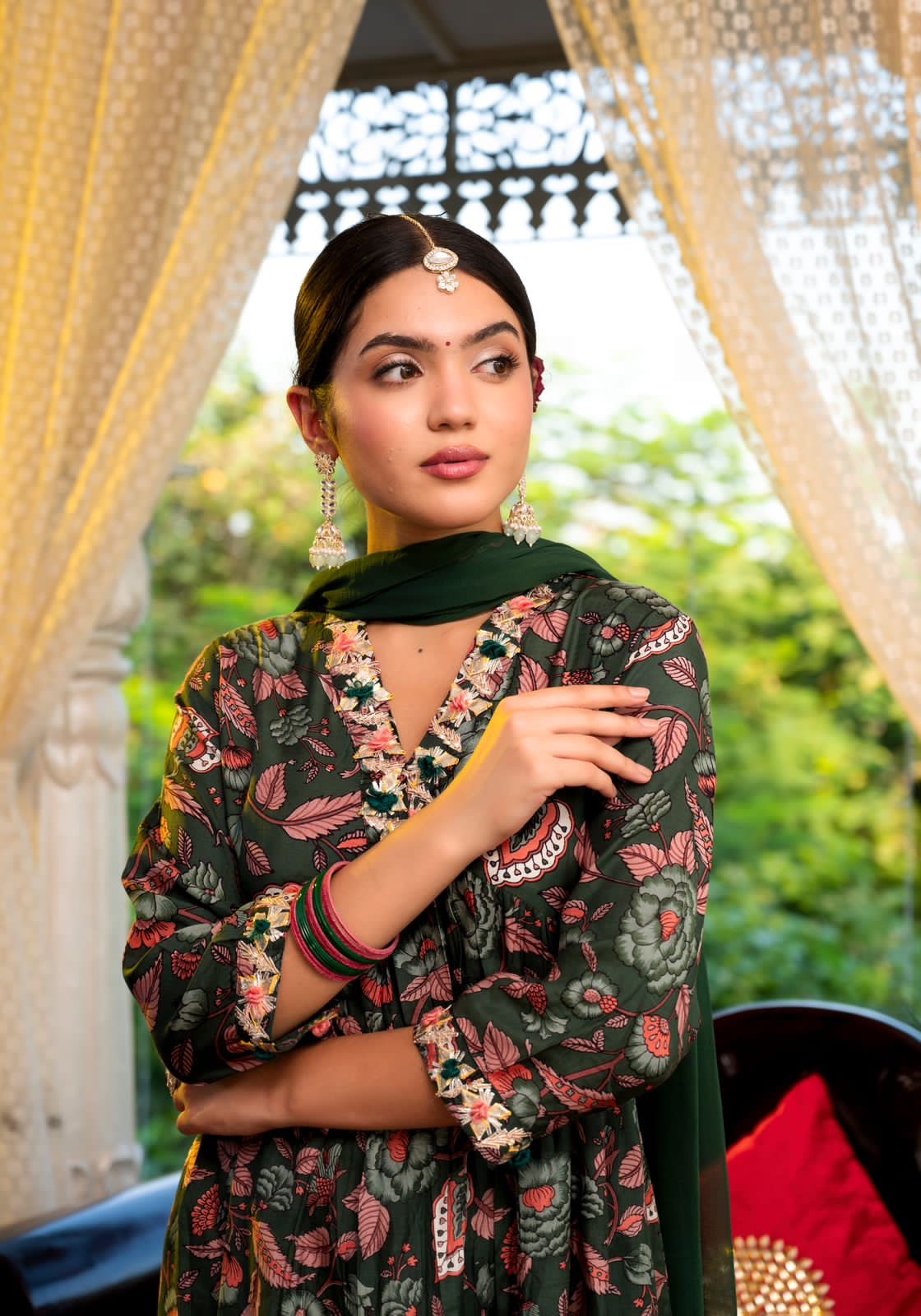 Green Floral Print Pure Muslin Alia Cut Suit Set with Lace Dupatta