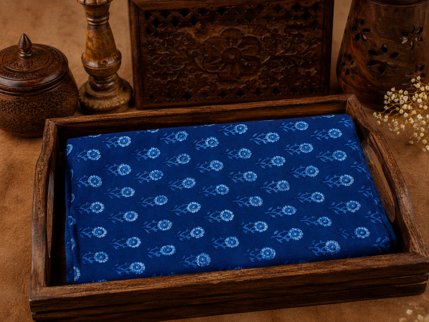Akola Dabu Daisy Motif Hand Block Natural Dyed Pure Cotton Fabric Indigo