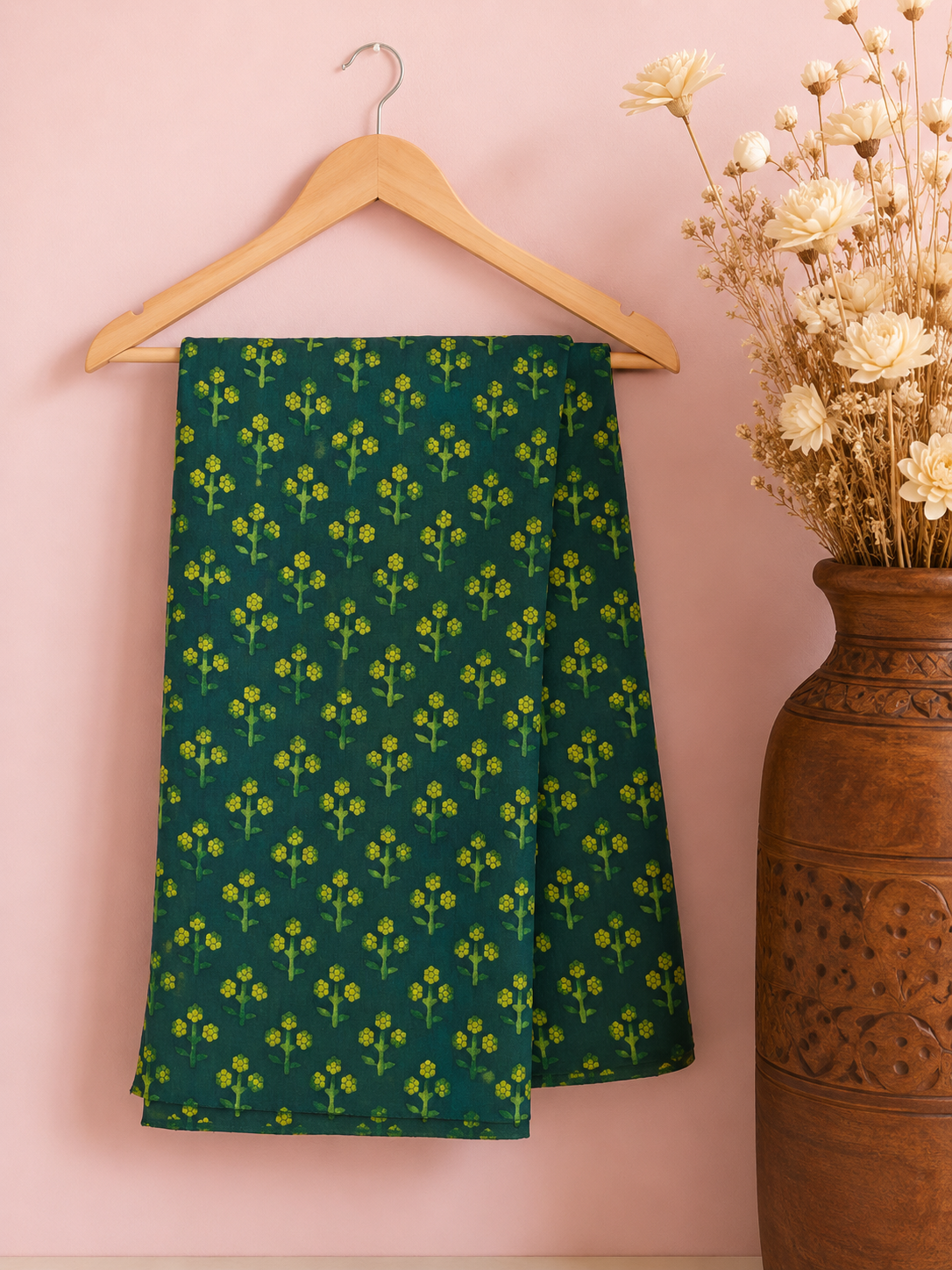 Akola Dabu Cluster Flower Motif Hand Block Natural Dyed Pure Cotton Fabric Green