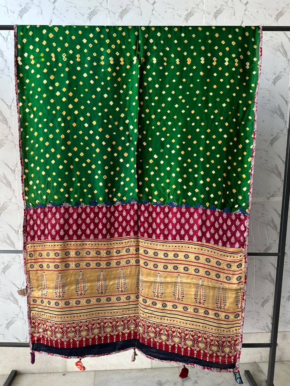 Green and Yellow Ajrakh Applique Patchwork Modal Silk Kantha Work Dupatta with Tassels