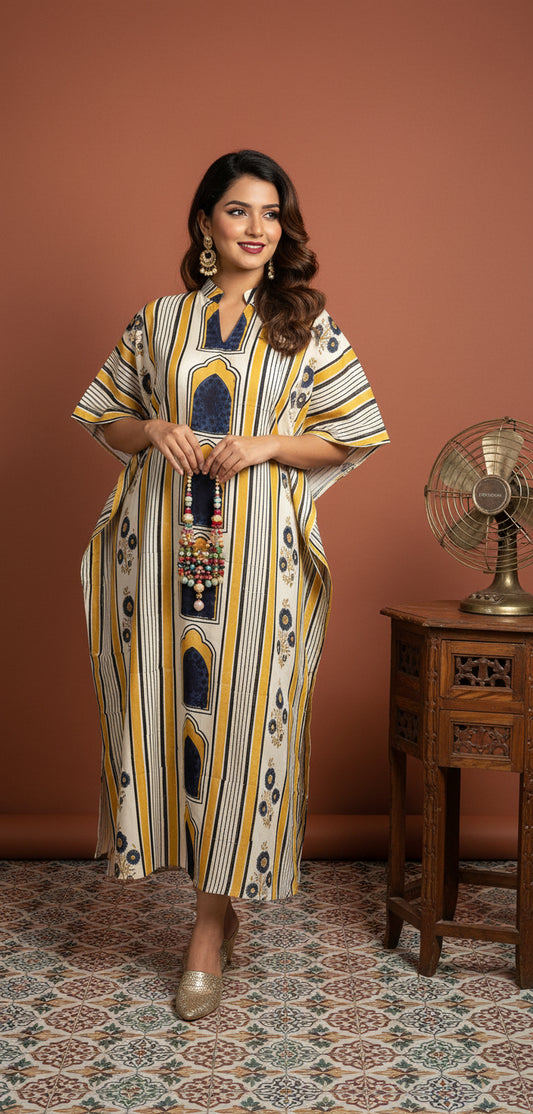 Mustard and Off White Jharokha Motif Modal Silk Ajrakh Hand Block Print Designer Unstitched Fabric (Kurta Only)