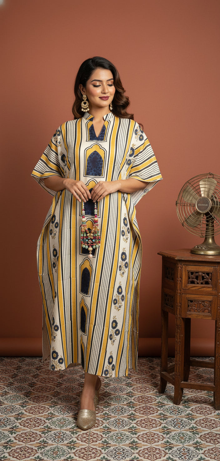 Mustard and Off White Jharokha Motif Modal Silk Ajrakh Hand Block Print Designer Unstitched Fabric (Kurta Only)