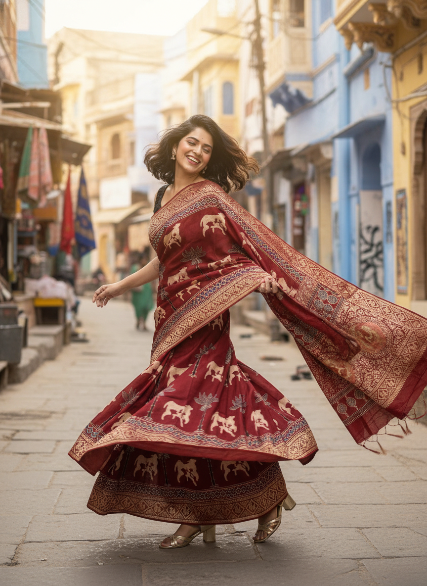 Red Kamdhenu Buta Ajrakh Hand Block Print Dola Silk Saree with Zari Pallu (With Blouse)