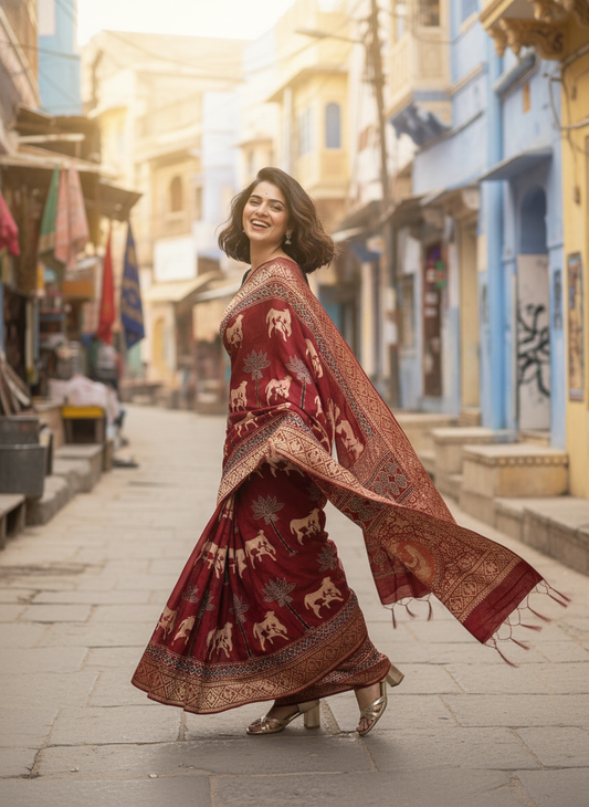 Red Kamdhenu Buta Ajrakh Hand Block Print Dola Silk Saree with Zari Pallu (With Blouse)